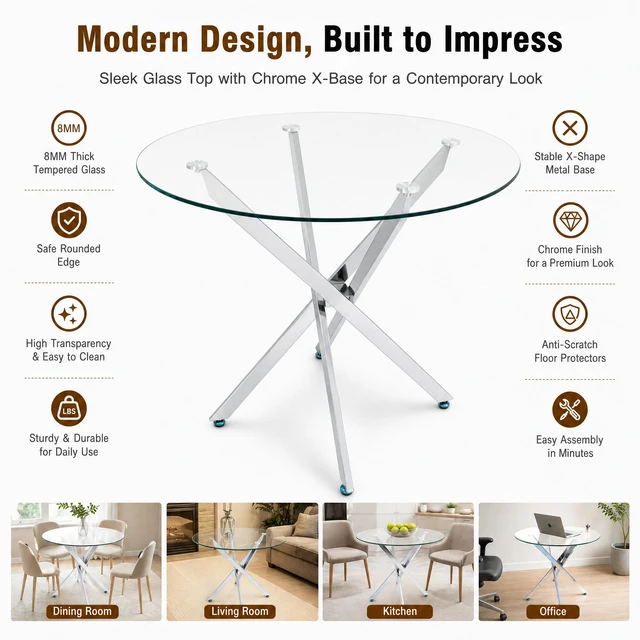 Alt view image 6 of 7 - Round Glass Table, 35.43 Inches Tempered Glass with Silver Frame Kitchen Table Set for Dining Party Conference Living