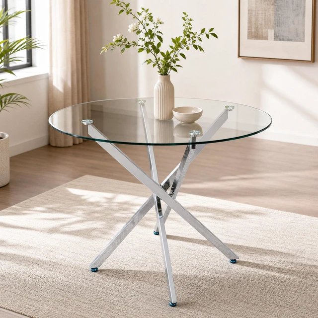 Main image of Round Glass Table, 35.43 Inches Tempered Glass with Silver Frame Kitchen Table Set for Dining Party Conference Living