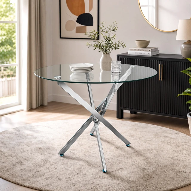 Alt view image 4 of 7 - Round Glass Table, 35.43 Inches Tempered Glass with Silver Frame Kitchen Table Set for Dining Party Conference Living
