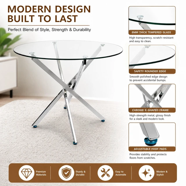 Alt view image 7 of 7 - Round Glass Table, 35.43 Inches Tempered Glass with Silver Frame Kitchen Table Set for Dining Party Conference Living