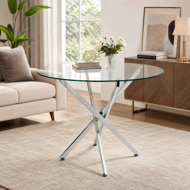 Alt view image 5 of 7 - Round Glass Table, 35.43 Inches Tempered Glass with Silver Frame Kitchen Table Set for Dining Party Conference Living