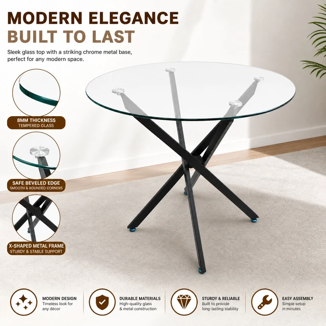 Alt view image 6 of 7 - Round Glass Table, 35.43 Inches Tempered Glass with Black Frame Kitchen Table Set for Dining Party Conference Living