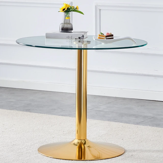Alt view image 3 of 7 - 35 Inch Diameter Glass Top, Round Dining Table with Gold Metal Legs for Dining Living and Meeting, Gold Transparent
