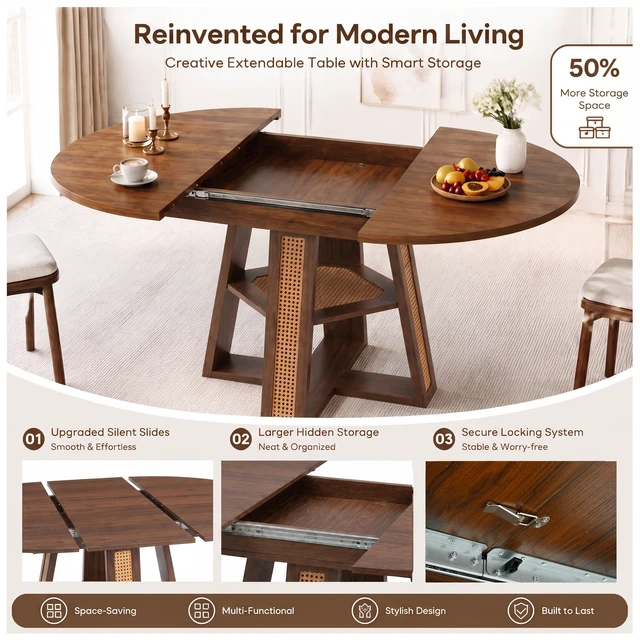 Alt view image 4 of 7 - 59.05 Inch Extendable Round Dining Table for 4, Round To-Oval Kitchen Table with Removable Extension Leaf Cross Shaped