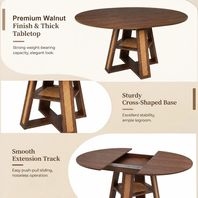 Alt view image 2 of 7 - 59.05 Inch Extendable Round Dining Table for 4, Round To-Oval Kitchen Table with Removable Extension Leaf Cross Shaped