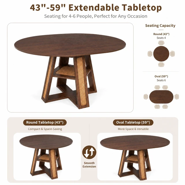 Alt view image 3 of 7 - 59.05 Inch Extendable Round Dining Table for 4, Round To-Oval Kitchen Table with Removable Extension Leaf Cross Shaped