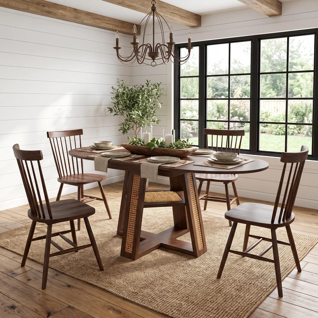 Alt view image 5 of 7 - 59.05 Inch Extendable Round Dining Table for 4, Round To-Oval Kitchen Table with Removable Extension Leaf Cross Shaped