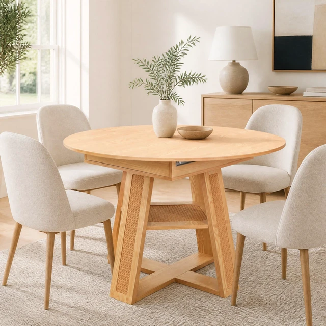Alt view image 2 of 7 - 59.05 Inch Extendable Round Dining Table for 4, Round To-Oval Kitchen Table with Removable Extension Leaf Cross Shaped