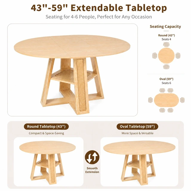 Alt view image 4 of 7 - 59.05 Inch Extendable Round Dining Table for 4, Round To-Oval Kitchen Table with Removable Extension Leaf Cross Shaped