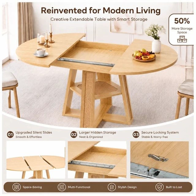 Alt view image 3 of 7 - 59.05 Inch Extendable Round Dining Table for 4, Round To-Oval Kitchen Table with Removable Extension Leaf Cross Shaped