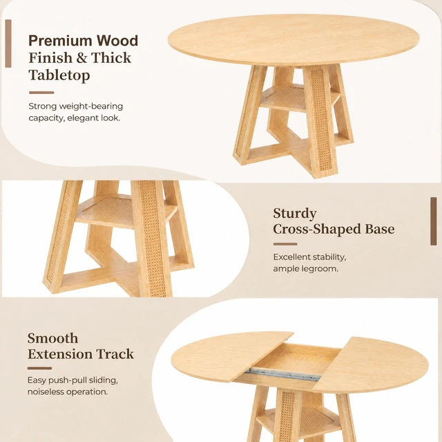 Alt view image 5 of 7 - 59.05 Inch Extendable Round Dining Table for 4, Round To-Oval Kitchen Table with Removable Extension Leaf Cross Shaped