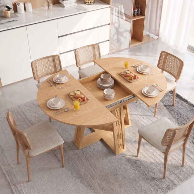 Alt view image 6 of 7 - 59.05 Inch Extendable Round Dining Table for 4, Round To-Oval Kitchen Table with Removable Extension Leaf Cross Shaped