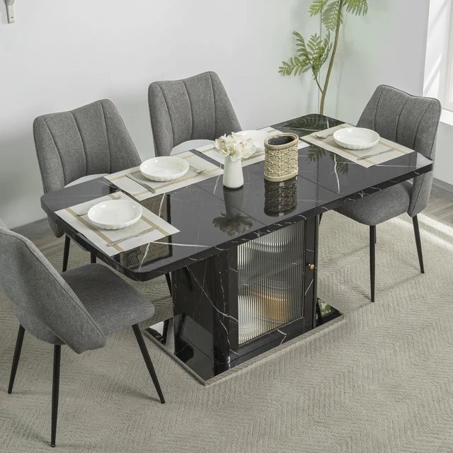 Alt view image 2 of 6 - 63 Inch Rectangle Dining Table, Stretchable with Printed Marble Table Top Storage Cabinet Leg with Metal Base Same