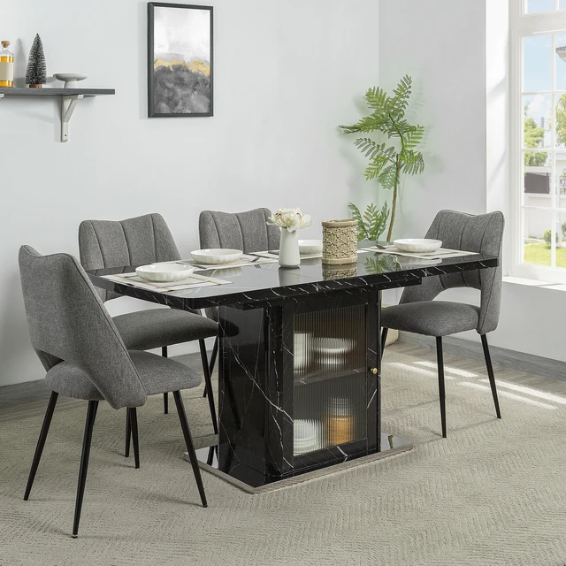 Main image of 63 Inch Rectangle Dining Table, Stretchable with Printed Marble Table Top Storage Cabinet Leg with Metal Base Same