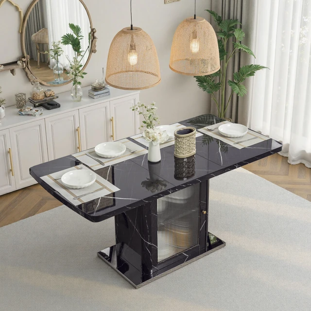 Alt view image 3 of 6 - 63 Inch Rectangle Dining Table, Stretchable with Printed Marble Table Top Storage Cabinet Leg with Metal Base Same