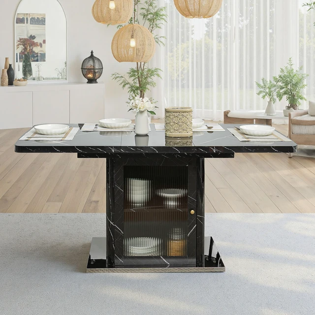 Alt view image 4 of 6 - 63 Inch Rectangle Dining Table, Stretchable with Printed Marble Table Top Storage Cabinet Leg with Metal Base Same