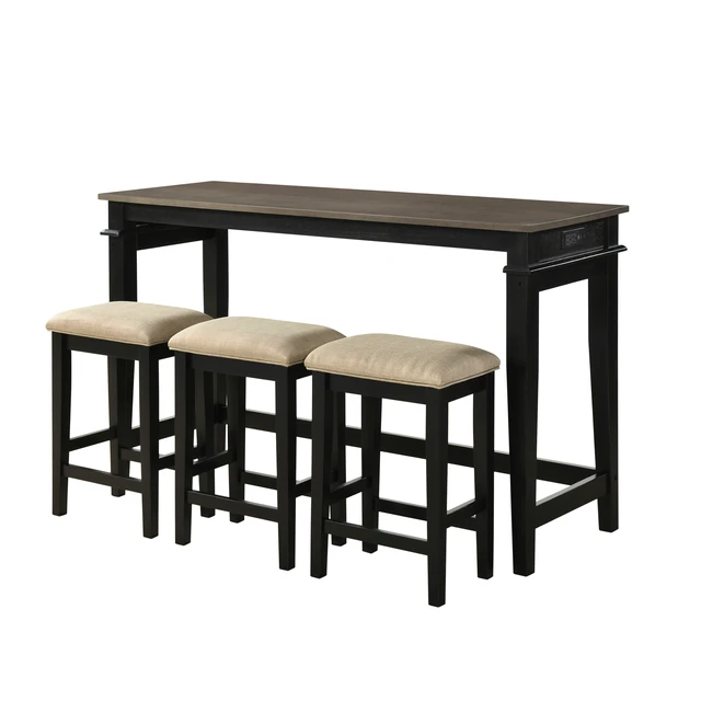 Alt view image 2 of 7 - 4 Piece Counter Height Dining Table Set Upholstered Stools USB Charging Ports Kitchen Nook Furniture, Black Finish