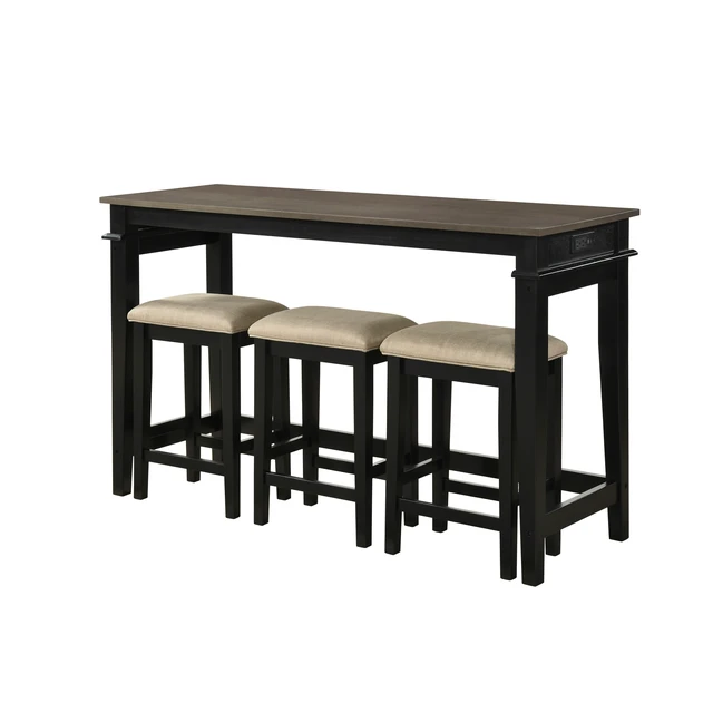 Alt view image 3 of 7 - 4 Piece Counter Height Dining Table Set Upholstered Stools USB Charging Ports Kitchen Nook Furniture, Black Finish