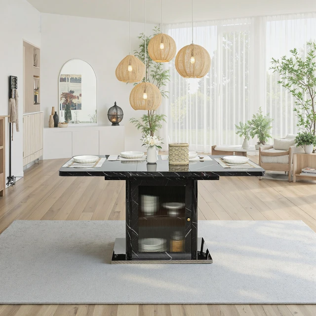 Alt view image 6 of 6 - 63 Inch Rectangle Dining Table, Stretchable with Printed Marble Table Top Storage Cabinet Leg with Metal Base Same