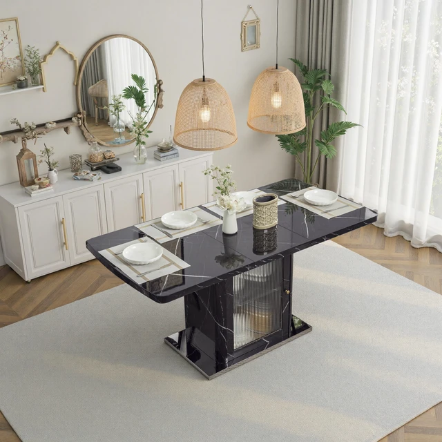 Alt view image 5 of 6 - 63 Inch Rectangle Dining Table, Stretchable with Printed Marble Table Top Storage Cabinet Leg with Metal Base Same
