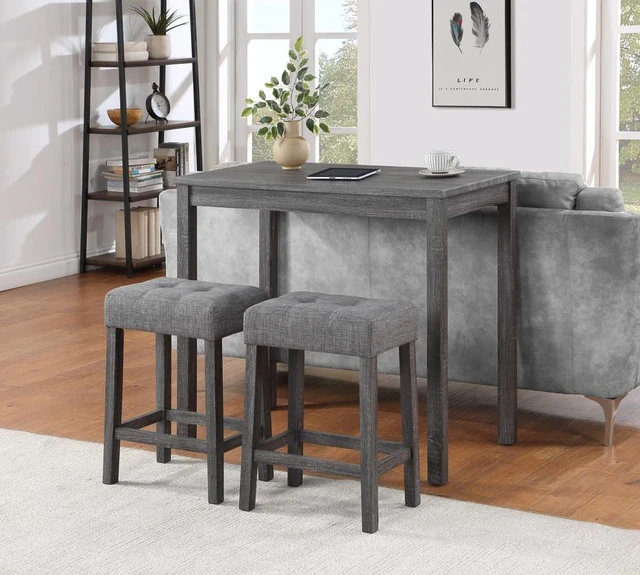 Main image of Lux 3 Piece Counter Height 42 Inch Pub Table Set with Tufted Linen Stools, Gray, Dining Kitchen Sets