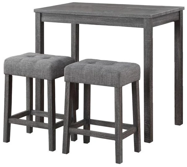 Alt view image 2 of 6 - Lux 3 Piece Counter Height 42 Inch Pub Table Set with Tufted Linen Stools, Gray, Dining Kitchen Sets