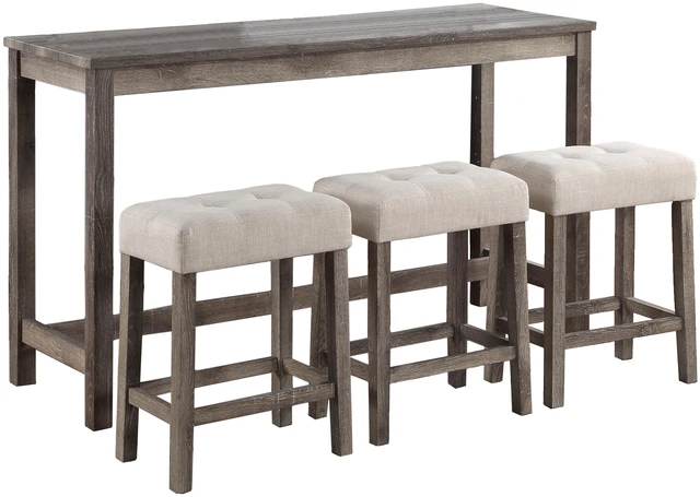 Alt view image 2 of 5 - 4 Piece Counter Height 60 Inch Pub Table Set with Tufted Creamy Linen Stools, Brown, Wood, Dining Kitchen Sets