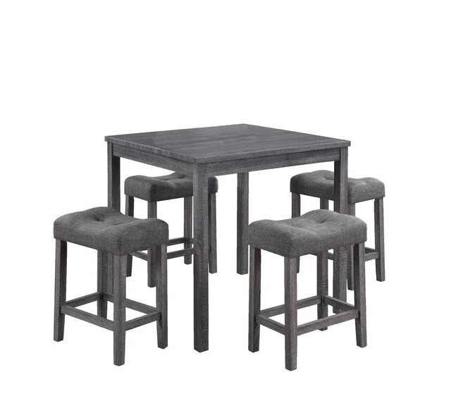 Alt view image 2 of 6 - Lucian 5 Piece Counter Height 36 Inch Pub Table Set with Tufted Linen Stools, Gray, Dining Kitchen Sets