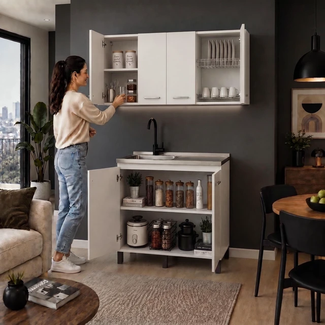 Alt view image 3 of 7 - Texas 47.2 Inch Manufactured 2 Piece Kitchen Sink Cabinet Set with Wall Cabinet and Base White, Particle Board