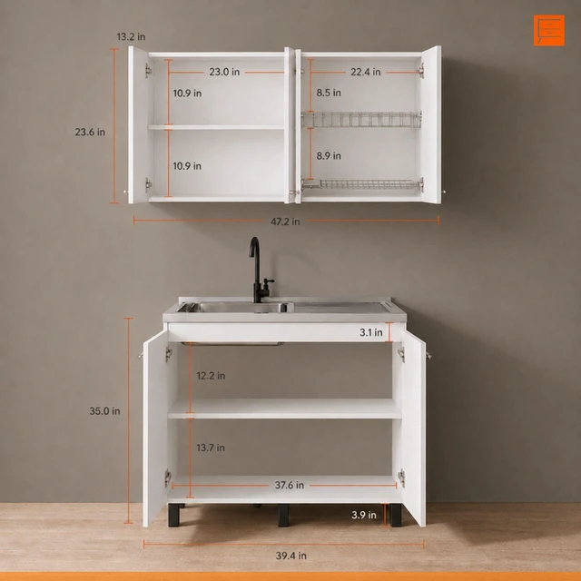 Alt view image 4 of 7 - Texas 47.2 Inch Manufactured 2 Piece Kitchen Sink Cabinet Set with Wall Cabinet and Base White, Particle Board