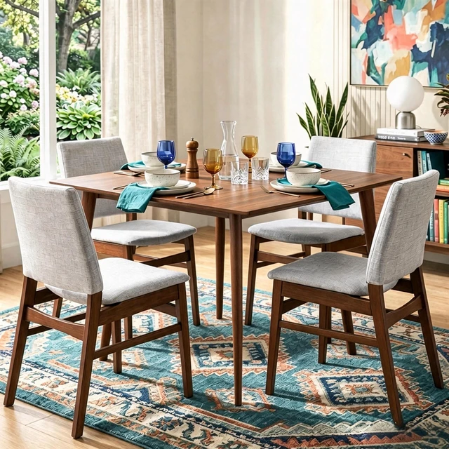 Main image of Solid Dining Table Set, Rectangular Kitchen Dining Table and Upholstered Leather Chairs Mid-Century Furniture Set