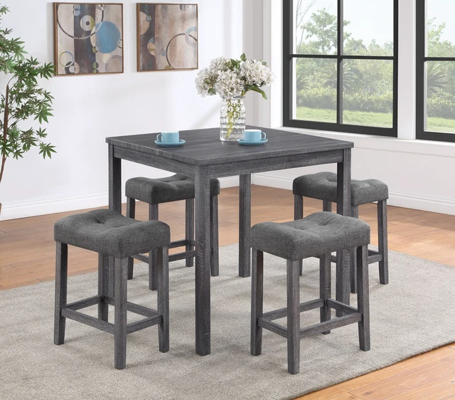 Main image of Lucenzo 5 Piece Counter Height 36 Inch Pub Table Set with Tufted Linen Stools, Gray, Dining Kitchen Sets