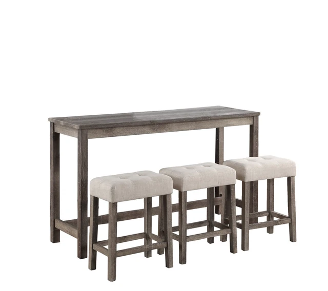Alt view image 2 of 6 - 4 Piece Counter Height 60 Inch Pub Table Set with Tufted Creamy Linen Stools, Brown, Wood, Dining Kitchen Sets