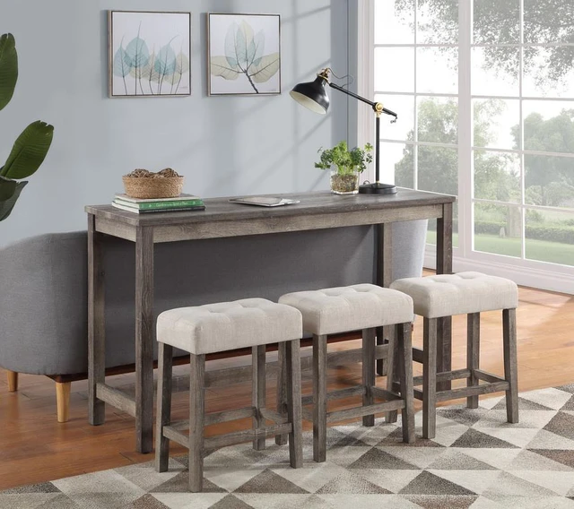 Main image of 4 Piece Counter Height 60 Inch Pub Table Set with Tufted Creamy Linen Stools, Brown, Wood, Dining Kitchen Sets