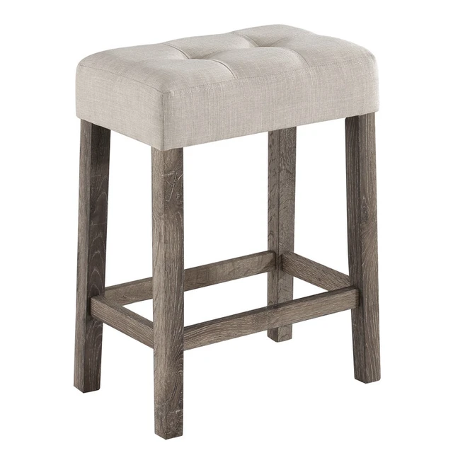 Alt view image 4 of 6 - 4 Piece Counter Height 60 Inch Pub Table Set with Tufted Creamy Linen Stools, Brown, Wood, Dining Kitchen Sets