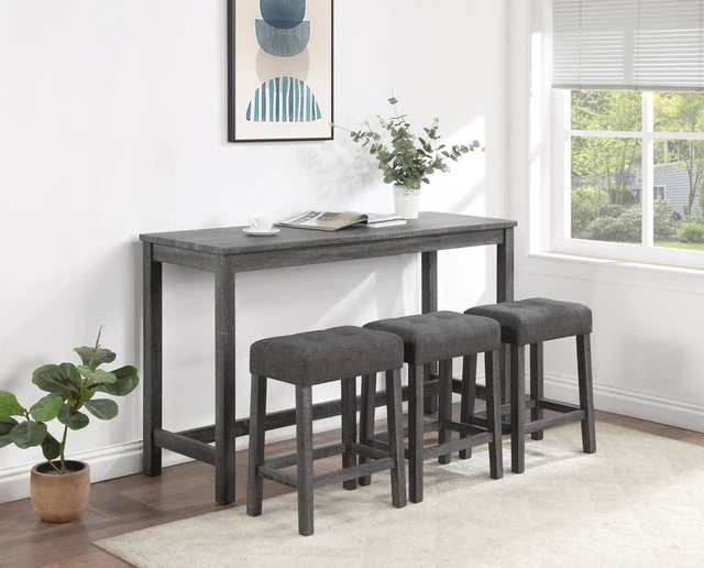Main image of 4 Piece Counter Height 60 Inch Pub Table Set with Tufted Linen Stools, Gray, Dining Kitchen Sets
