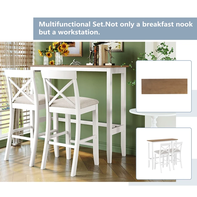 Alt view image 2 of 7 - 48 Inch Rectangular Wood Bar Height Dining Set Kitchen Breakfast Nook with Chairs for Small Places, Beige Brown White