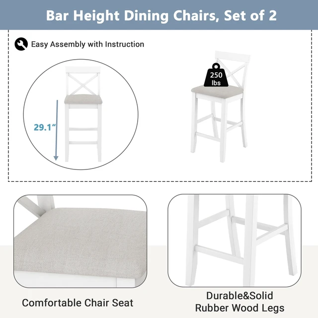 Alt view image 4 of 7 - 48 Inch Rectangular Wood Bar Height Dining Set Kitchen Breakfast Nook with Chairs for Small Places, Beige Brown White