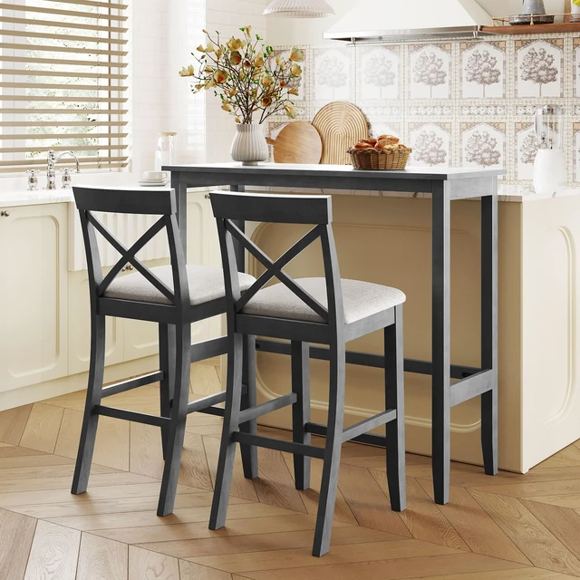 Main image of 48 Inch Rectangular Wood Bar Height Dining Set Kitchen Breakfast Nook with Chairs for Small Places, Gray Beige, Solid