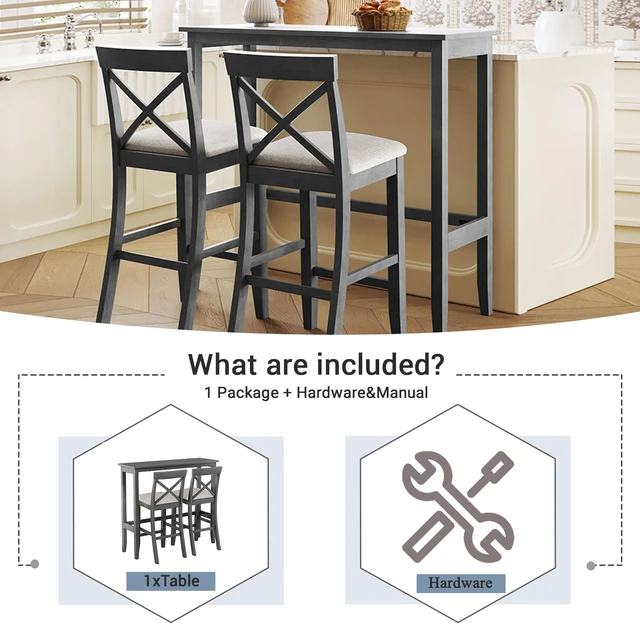Alt view image 5 of 7 - 48 Inch Rectangular Wood Bar Height Dining Set Kitchen Breakfast Nook with Chairs for Small Places, Gray Beige, Solid