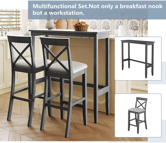 Alt view image 2 of 7 - 48 Inch Rectangular Wood Bar Height Dining Set Kitchen Breakfast Nook with Chairs for Small Places, Gray Beige, Solid