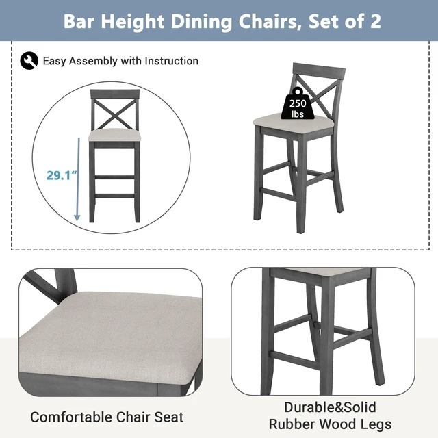 Alt view image 4 of 7 - 48 Inch Rectangular Wood Bar Height Dining Set Kitchen Breakfast Nook with Chairs for Small Places, Gray Beige, Solid