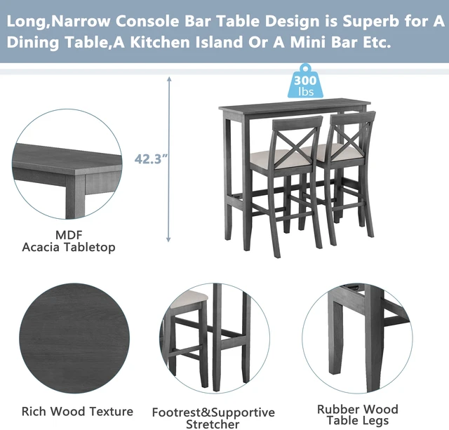 Alt view image 3 of 7 - 48 Inch Rectangular Wood Bar Height Dining Set Kitchen Breakfast Nook with Chairs for Small Places, Gray Beige, Solid