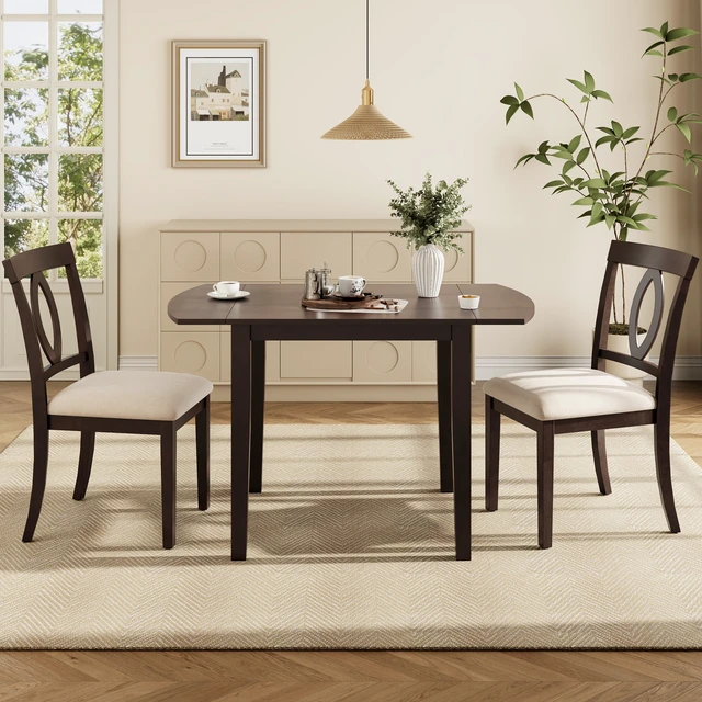 Alt view image 2 of 7 - 3 Piece Drop Leaf Dining Table Set, Folding Extendable Table Upholstered Chairs Small Space Dining Set for 2 People