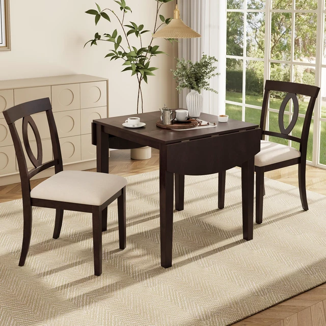 Main image of 3 Piece Drop Leaf Dining Table Set, Folding Extendable Table Upholstered Chairs Small Space Dining Set for 2 People