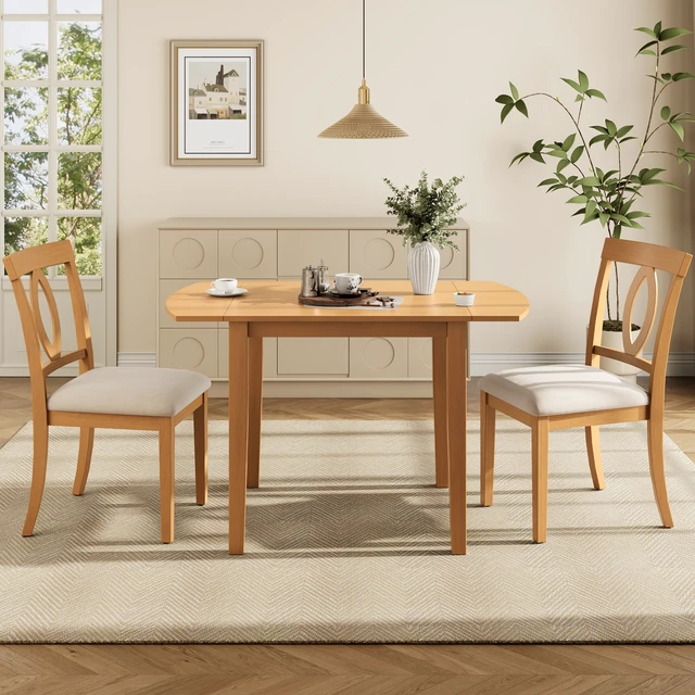 Alt view image 2 of 7 - 3 Piece Drop Leaf Dining Table Set, Folding Extendable Table Upholstered Chairs Small Space Dining Set for 2 People