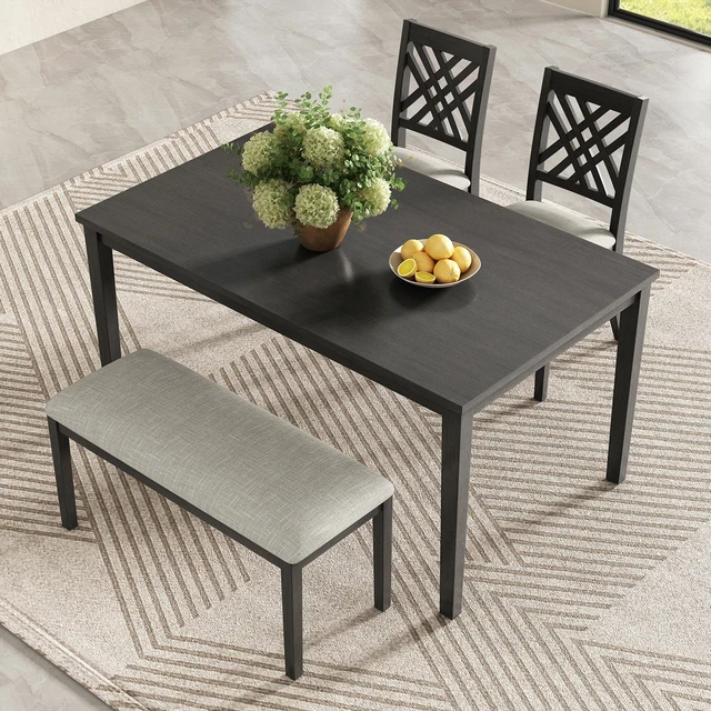 Main image of Dining Table Set, Kitchen Table Set with Cross Back Dining Chairs and Upholstered Bench Space Saving Design Rubberwood
