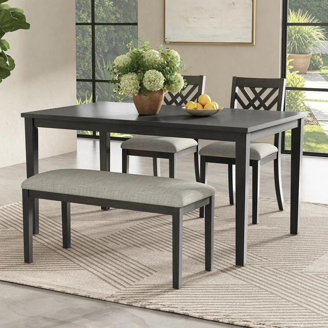 Alt view image 2 of 7 - Dining Table Set, Kitchen Table Set with Cross Back Dining Chairs and Upholstered Bench Space Saving Design Rubberwood