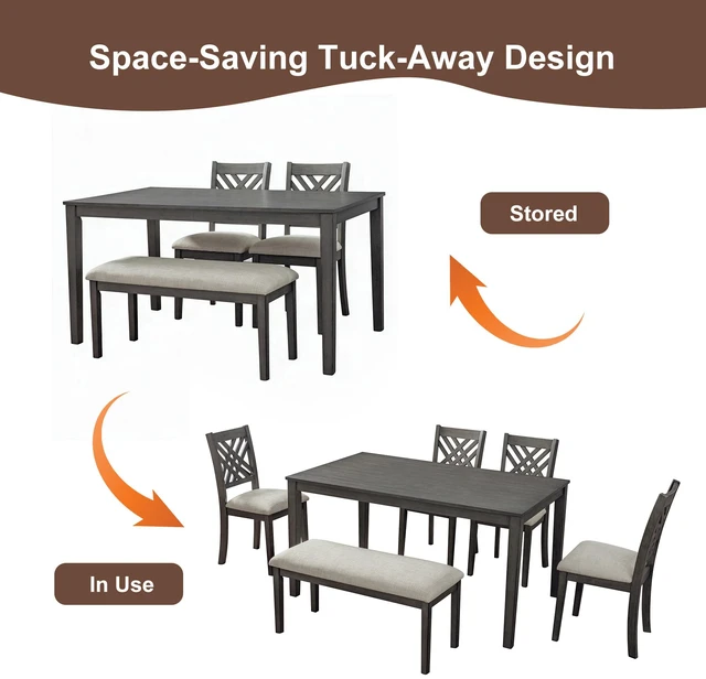 Alt view image 7 of 7 - Dining Table Set, Kitchen Table Set with Cross Back Dining Chairs and Upholstered Bench Space Saving Design Rubberwood