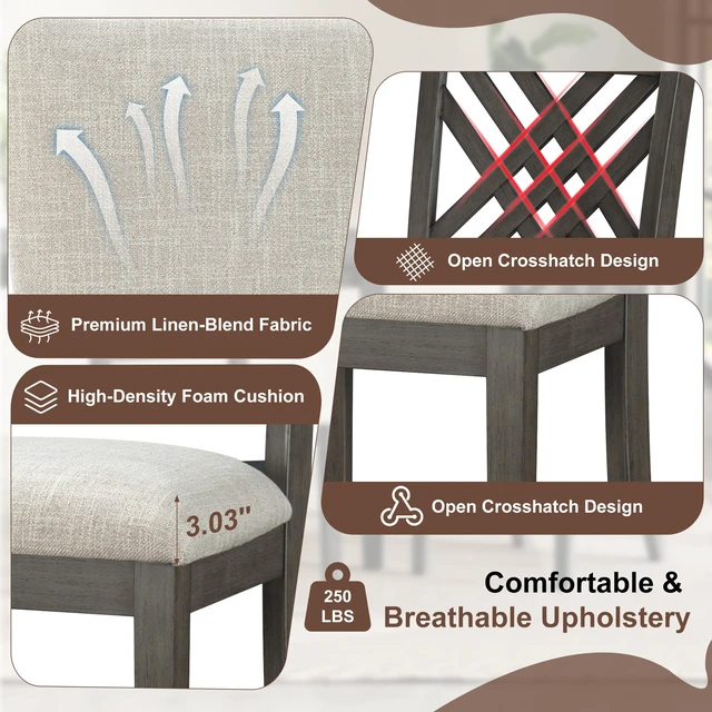 Alt view image 5 of 7 - Dining Table Set, Kitchen Table Set with Cross Back Dining Chairs and Upholstered Bench Space Saving Design Rubberwood